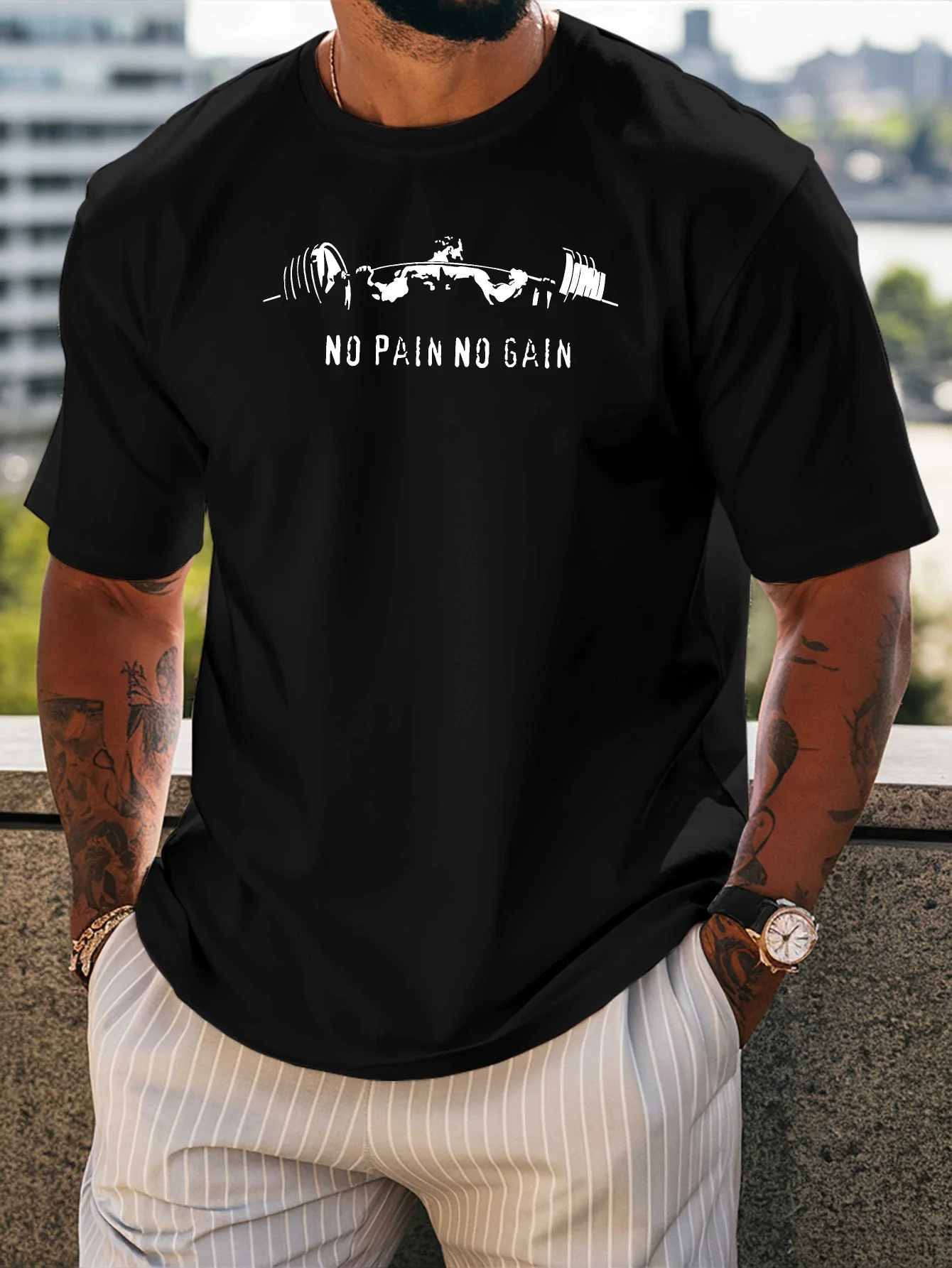 No Pain No Gain Barbell Graphic Mens Crew Neck T Shirt Gym Fitness Weightlifting Print Short Sleeve Casual Cotton Workout Tee