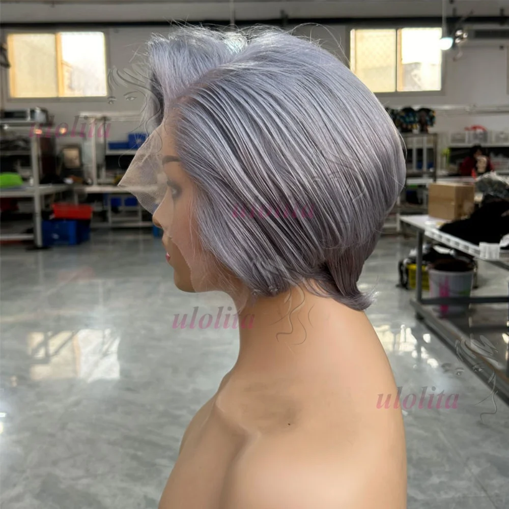 Pixie Cut Echthaarperücken, Salz-und-Pfeffer-Perücken, kurze Bob-Echthaarperücken, sofort tragbar, ohne Klebstoff, 13x4 Lace Frontal Perücken, brasilianisch gewellt – Detail 4
