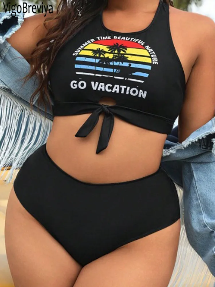 VigoBreviya 2025 Black Sleeveless 2 Piece Plus Size Bikini Women High Waist Curvy Swimsuit Hollow Beach Lady Big Bathing Suit