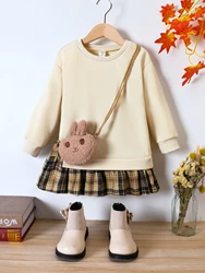 Spring And Autumn Girls  Set Round Neck Long Sleeve Sweater Plaid Short Skirt Fashion Cute Children