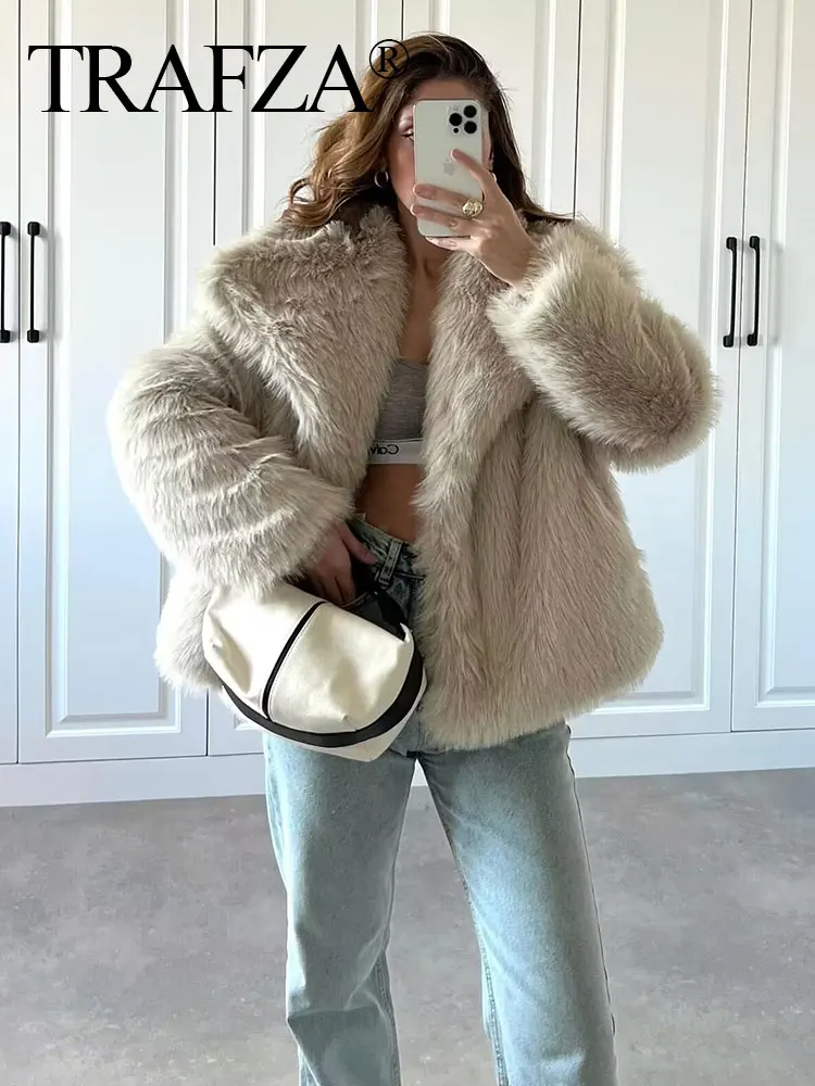 TRAFZA Woman Winter Coat Thick Artificial Fur Lapel Solid Loose Coats Top Female Warm Wild Outerwear Street Women\'s Cardigan