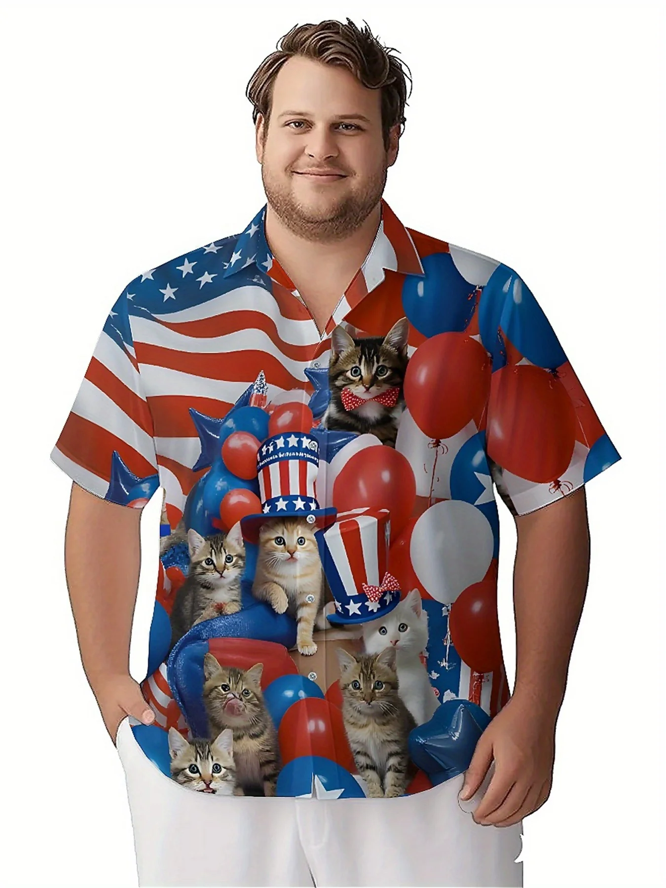 Men's Plus Size Hawaiian Shirts Cat and Balloon Pattern,New Summer Fashion Tops,Hip Hop Streetwear