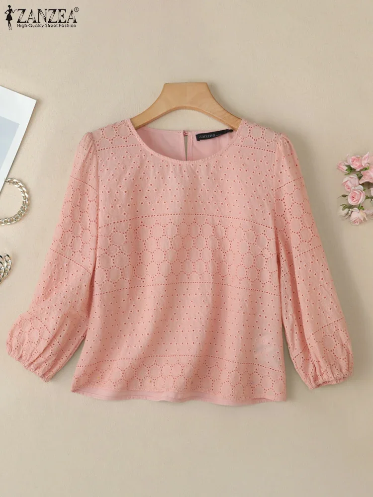 

ZANZEA 2025 Summer Lace Patchwork Blusas Mujer 3/4 Puff Sleeve Elegant Casual O-Neck Tops Woman Openwork Embroidery Blouses