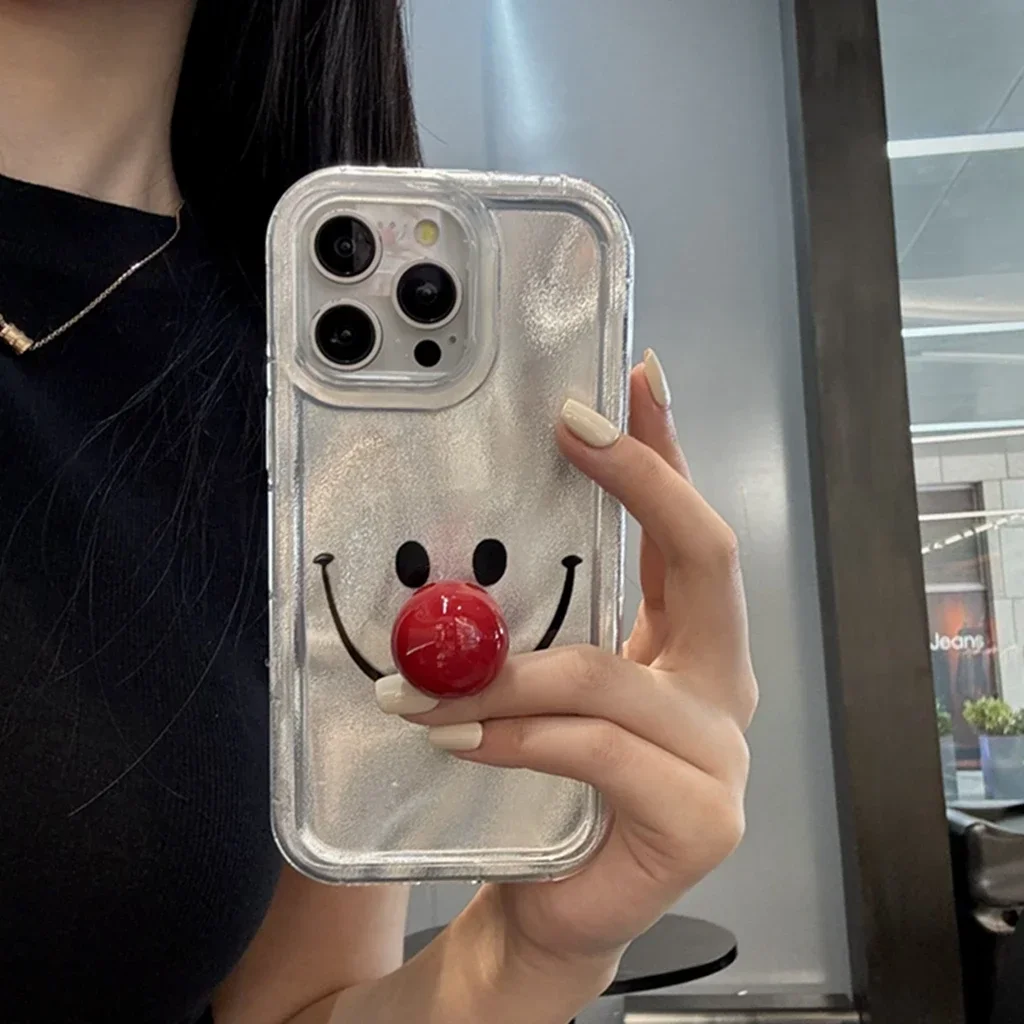 Illusion Color Cute Stereoscopic Red Nose Cartoon Pattern With Holder Phone Cover Case for iPhone 15 14 13 12 11 Pro Max