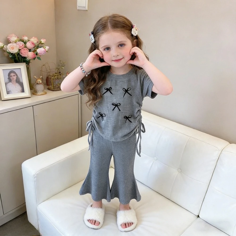 2-7-year-old Fashionable Casual Girls' Summer Clothing Korean Version Gray Bow Decoration Sleeveless Top and Flared Pants