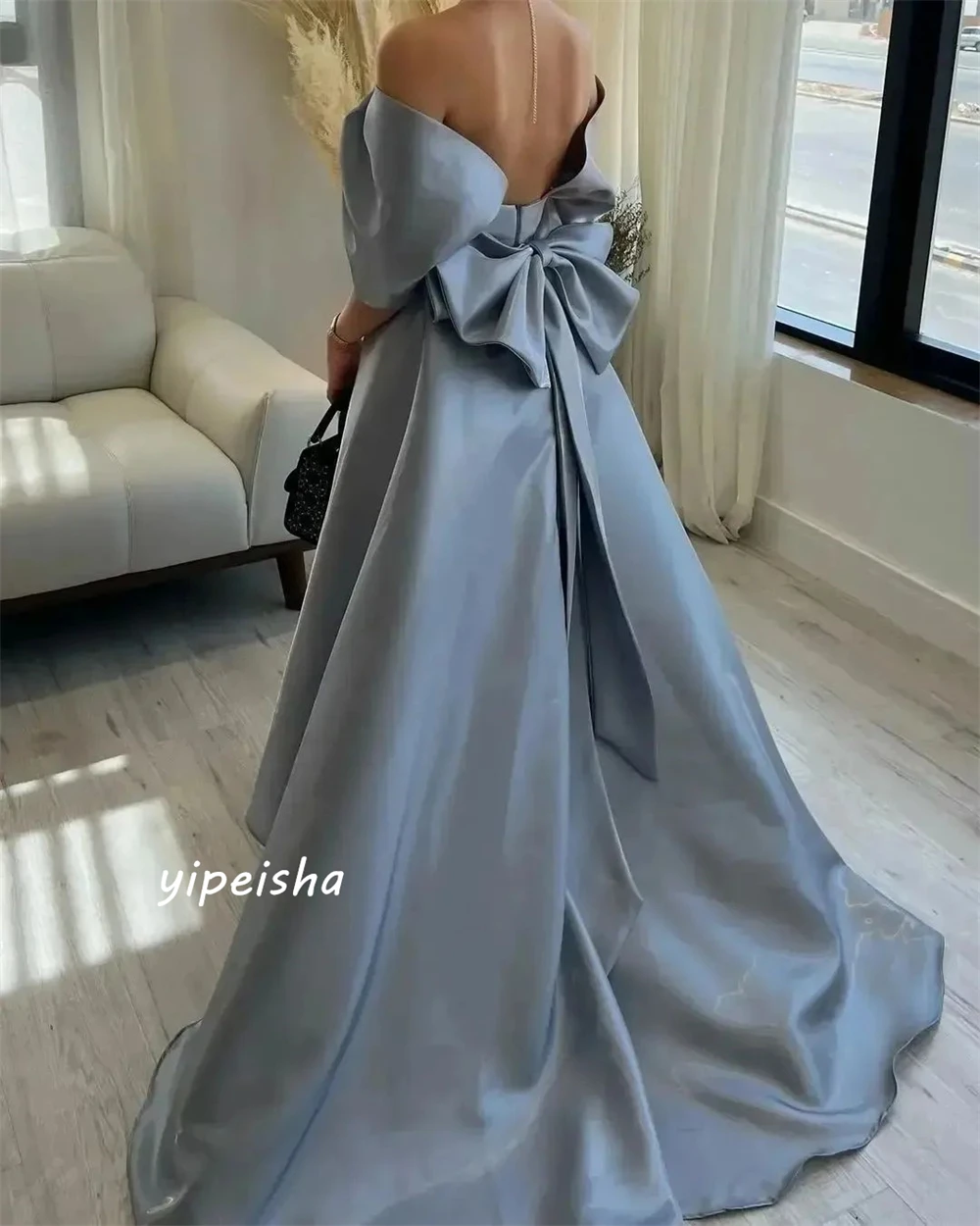 ที่กําหนดเองง่ายพรหมเซ็กซี่ Casual Off-the-shoulder Ball Gown อย่างเป็นทางการโอกาส Bows ความยาวกระโปรง Charmeuse ชุดราตรี Dres