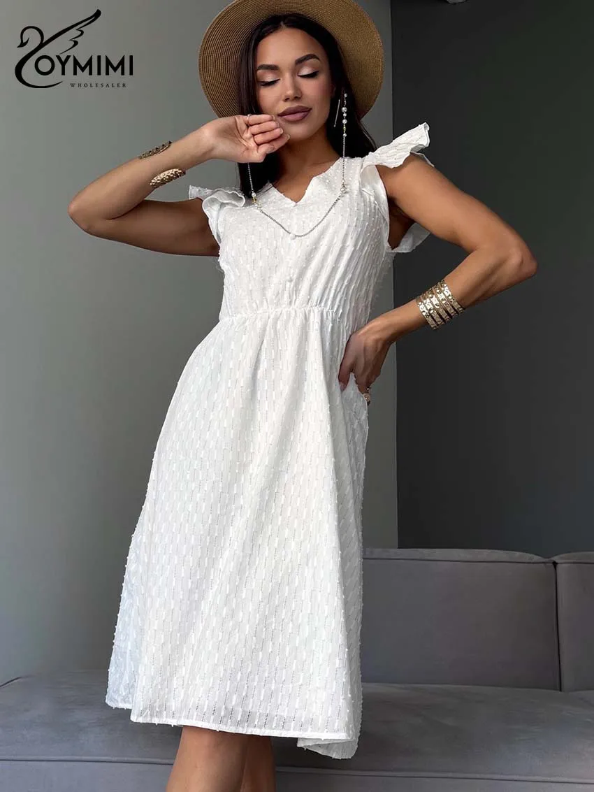 

Oymimi Elegant White Cotton Dresses For Woman Fashion V-Neck Short Sleeve Button Dresses Autumn High Waisted Knee-Length Dress