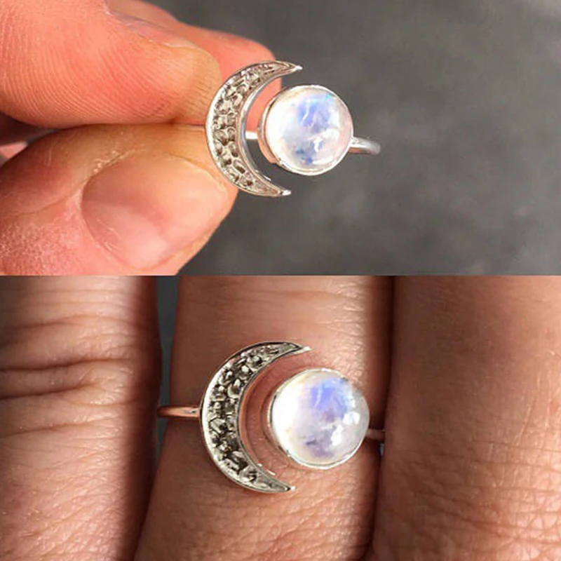 Vintage Moonstone Opal Crystal Natural Decorations Stone Open Rings Moon Silver