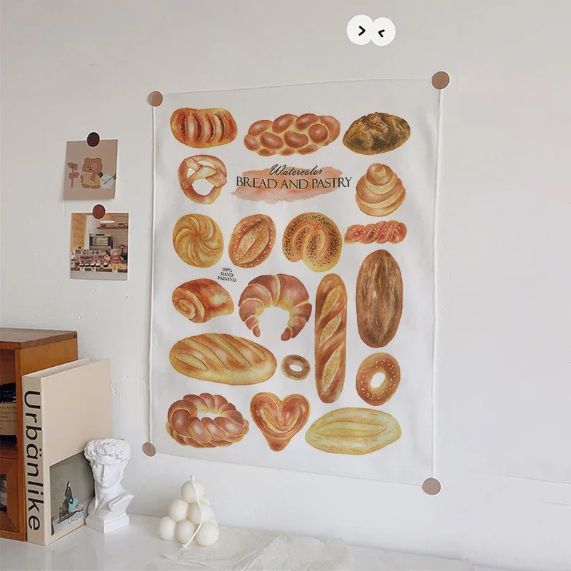 VIKAMA Hand-Painted Bread Tapestry Baguette Croissant Multinational Baking Pattern Kitchen Cafe Decoration Literary Home