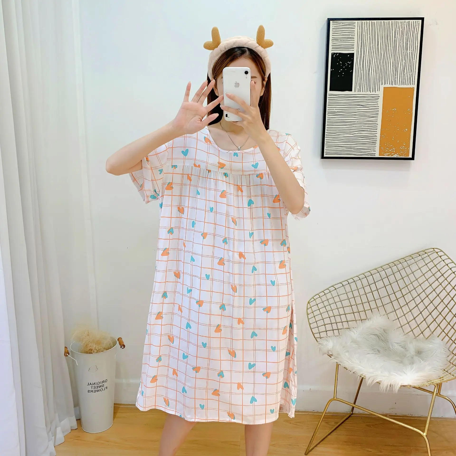 Summer One Piece Dress Sleepwear For Sleeping Woman Thin Night Wear Printing Home Wear Dress Nightgown Printing Sleepshirt