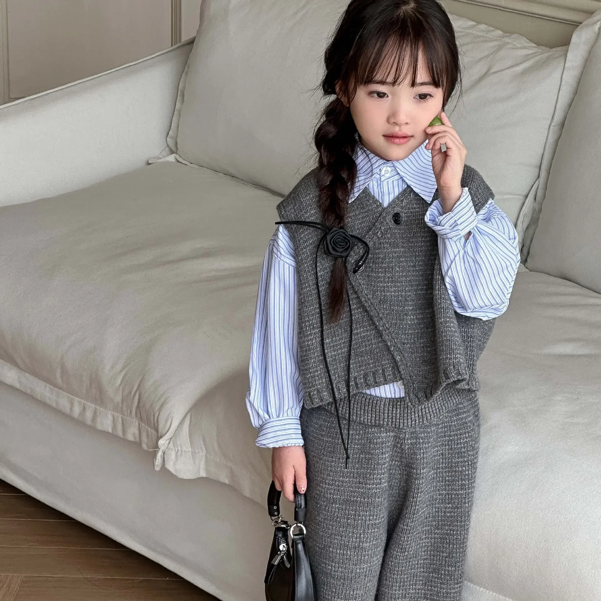 Girls Suit 2024 Autumn New Childrens Wear Korean Style Girl Baby Foreign Style Vest Knit Pants Two-piece Set Casual Simple Daily