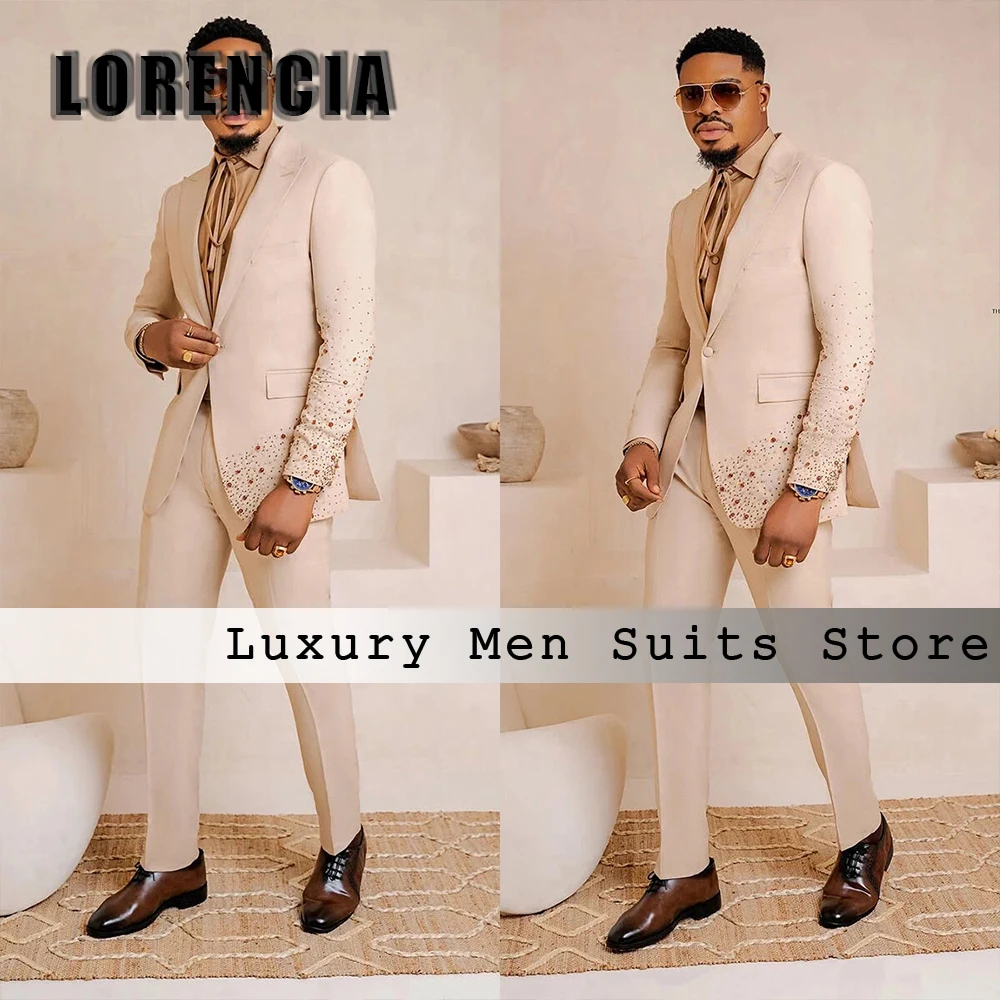 

Leisure Crystal Male Suits 2 Pieces Single Breasted Tuxedos Wedding Groom Outfits Customized robe mariage femme Men Clothing