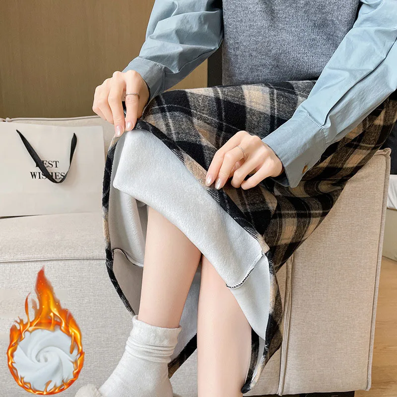 المرأة عالية الخصر ألف خط ميدي التنانير الشتاء تويد منقوشة تنورات الرصاص خمر سليم صالح Bodycon تنورة للنساء ملابس عصرية