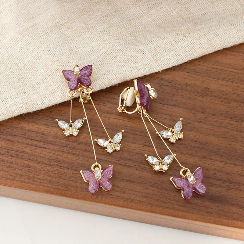 Clip on Earrings Purple Butterfly Flower Long Tassel Fairy Crystal Pearl Non Pierced Ear Clips for Women Bridal Wedding Party - view 4