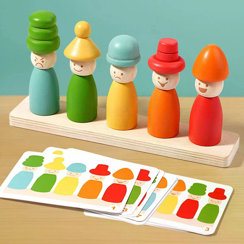 Jouets de tri des couleurs Montessoris jouets d'apprentissage précoce en bois motricité Fine chapeau de marionnette Match de visage jouets empilables créatifs pour enfant