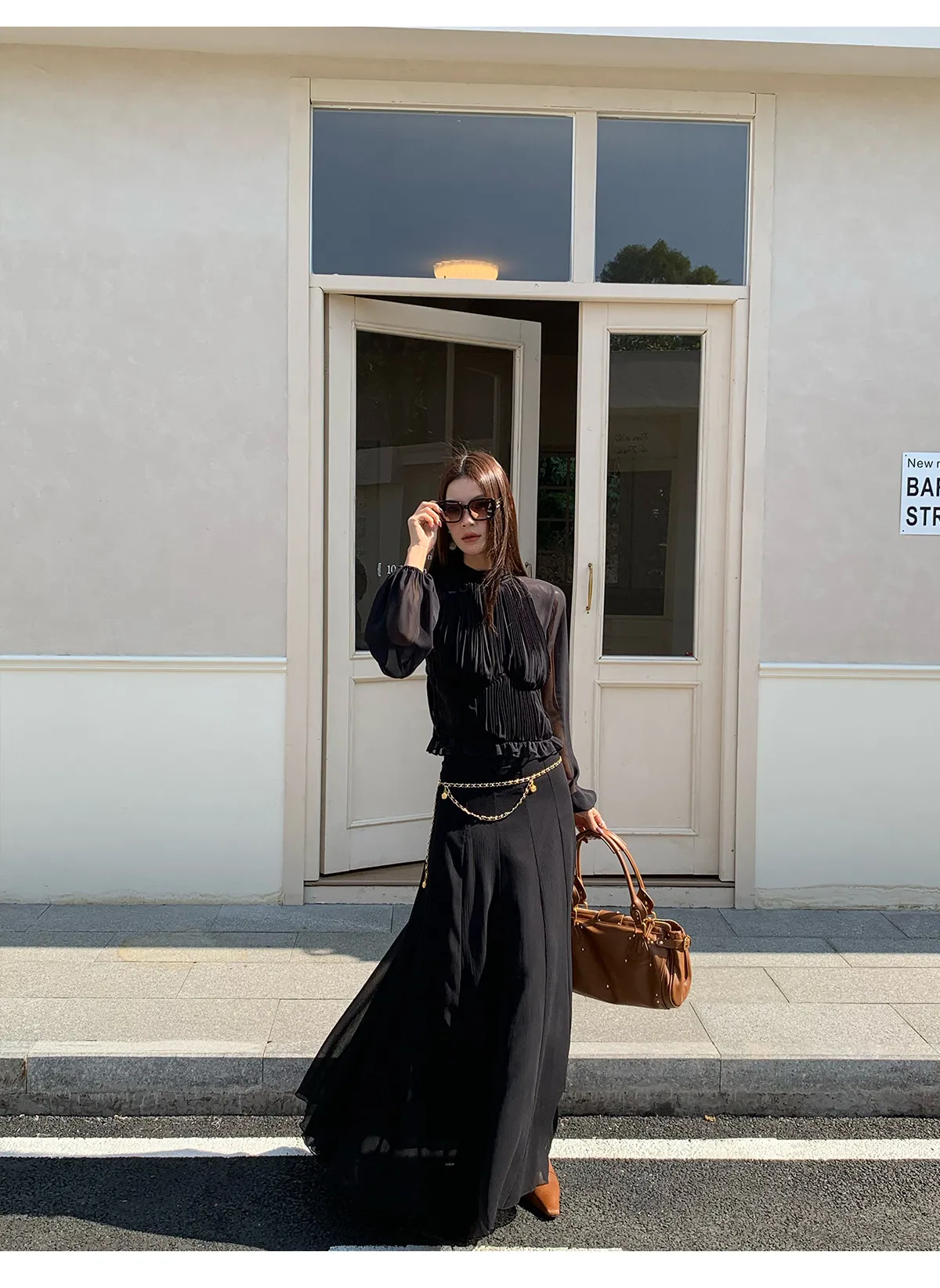 【MAR】 Women Early Spring Vintage Elegant Vacation 2 Piece Set Long Sleeve Waist Pleated Shirt Midi Skirt