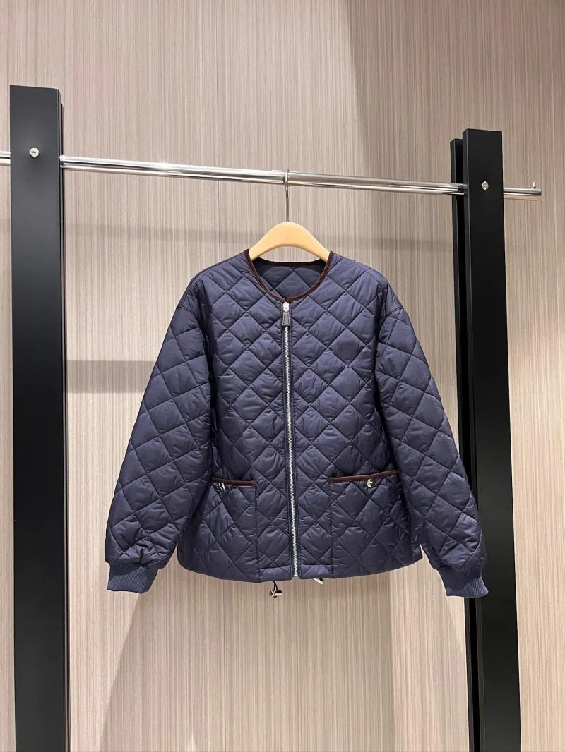 Women's Diamond Grid Cotton Jacket 2024 Autumn and Winter New British Style Fashionable Versatile High-Density Nylon Fabric Top