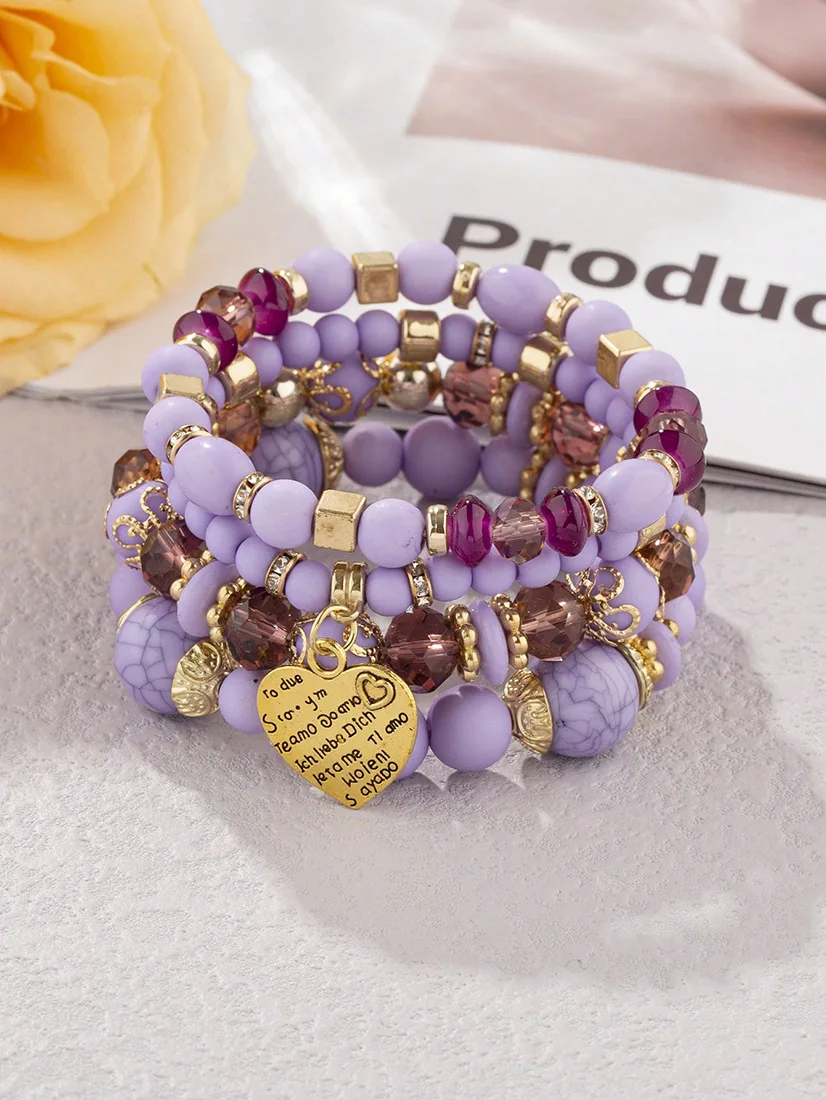 4-teiliges Boho-Armband-Set mit Kristallperlen und Kettendesign für Damen, Vintage-Herzanhänger, elastisches Armband, modischer Party-Schmuck für Frauen – Detail 26