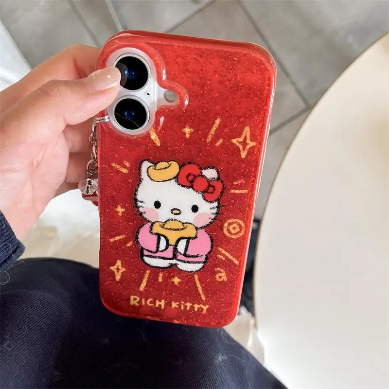 Sanrio Anime Cartoon Hello Kitty Phone Case Kawaii Iphone14/13/16/15Promax Anti Fall Phone Case Phone Chain Girl New Year's Gift