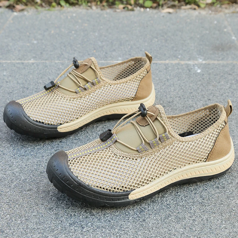 Lightweight Mesh Walking Shoes for Men, Closed Toe Protective Cap, Breathable Hollow Design Casual Outdoor Sneakers