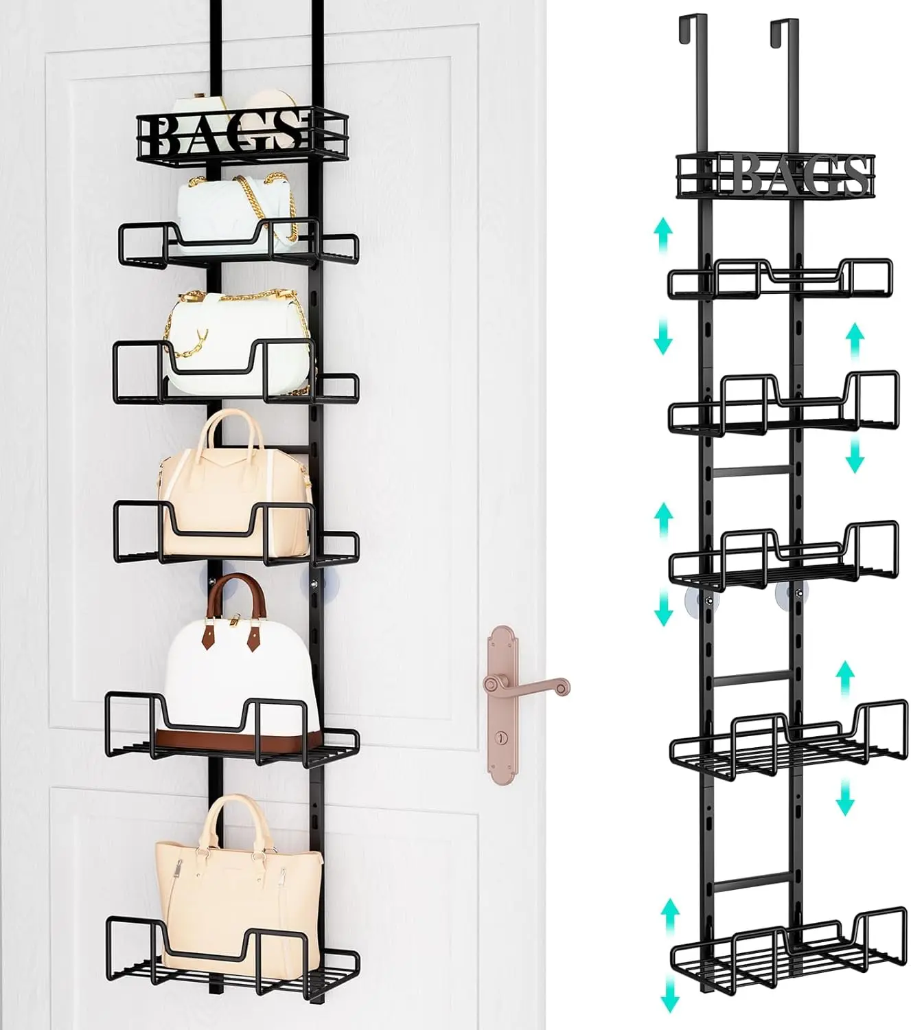 

Регулируемый органайзер для сумок над дверью с металлической корзиной, настенный держатель для сумок, съемная конструкция для удобного хранения