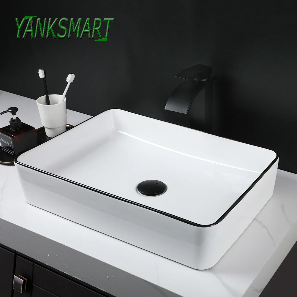 

YANKSMART Ceramic Rectangular Bathroom Basin Above Counter Porcelain Vessel Vanit with Black Sink Faucet Pop-up Drain Combo Kit