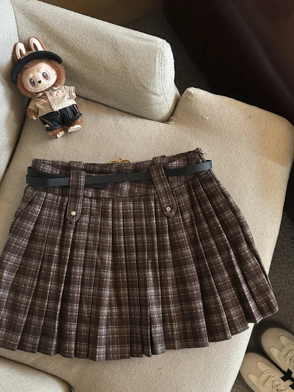 American Retro Woolen Plaid A-Line Pleated Skirt Women's Autumn New Fashion Prevent Exposure  Skirt High Waist Side Zipper