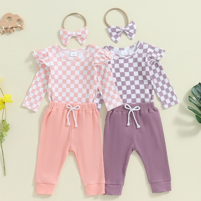 

2024-05-31 Lioraitiin Baby Girl Fall Outfits Checkerboard Print Long Sleeve Romper Solid Color Long Pants Headband 3Pcs Set