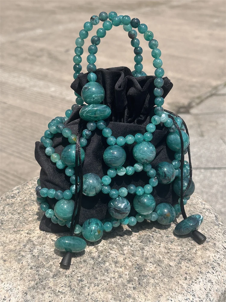 Retro Designer LuxurySea Green Mesh Bag Beaded Fashion Purse Summer Beach Women Mini Handbag