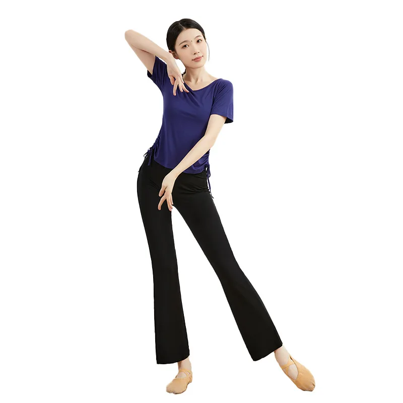 Mid sleeved V-neck dance training suit for female adults, micro flared pants set, slimming black Chinese dance costume