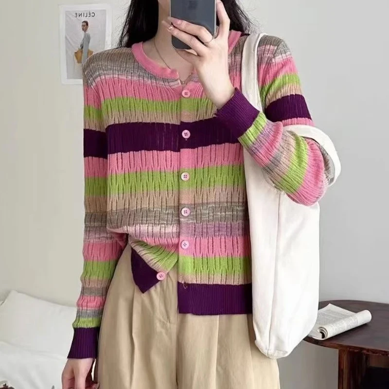 Women\'s Clothing Spring Autumn Rainbow Striped Patchwork Sweet Chic Knitted Cardigan Casual V Neck Long Sleeve Slim Sweater Coat