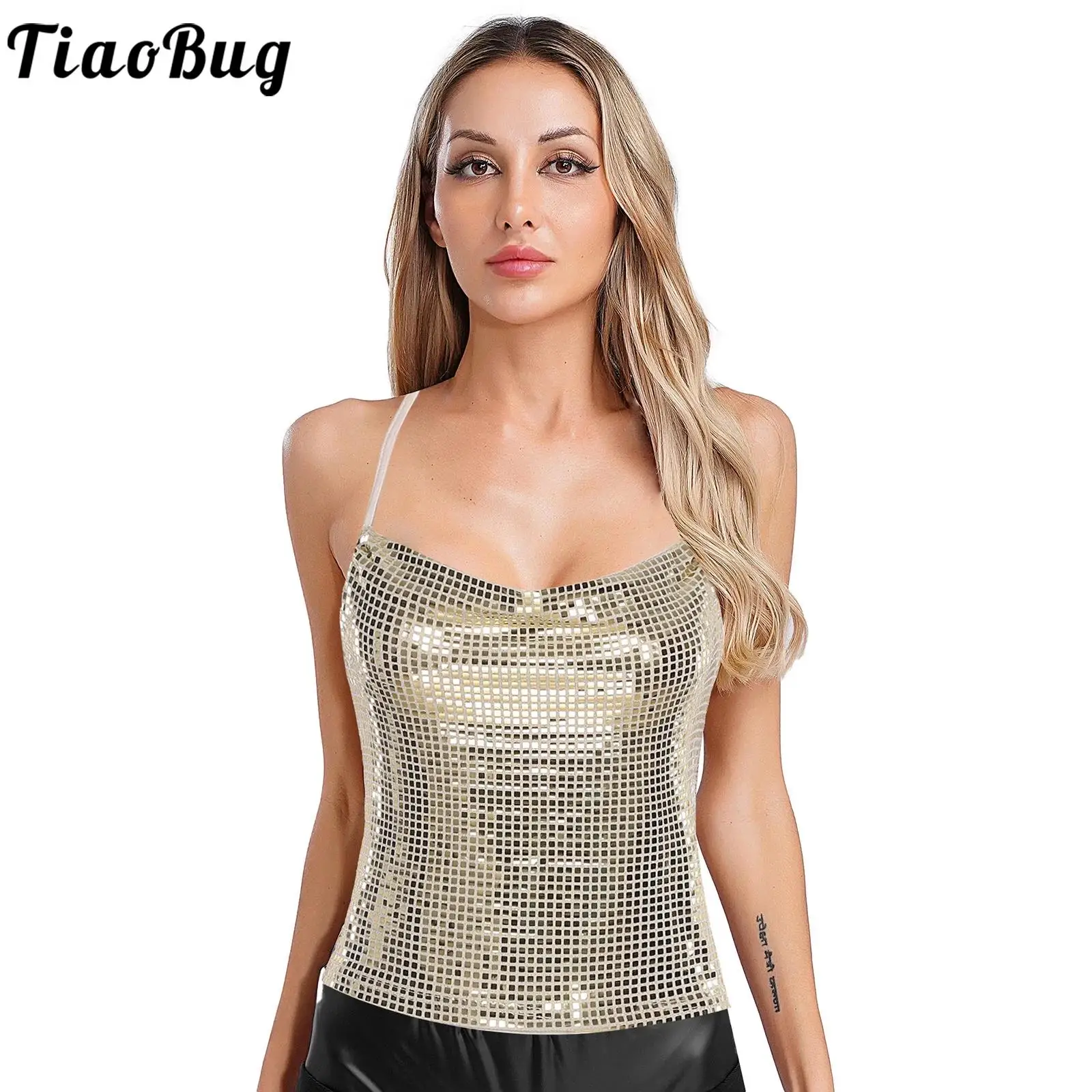 

Women Sequin Shiny Cropped Camisole Vest Nightclub Halter Cowl Neck Backless Crop Tops Sparkly Tank Top for Club Party Festivals