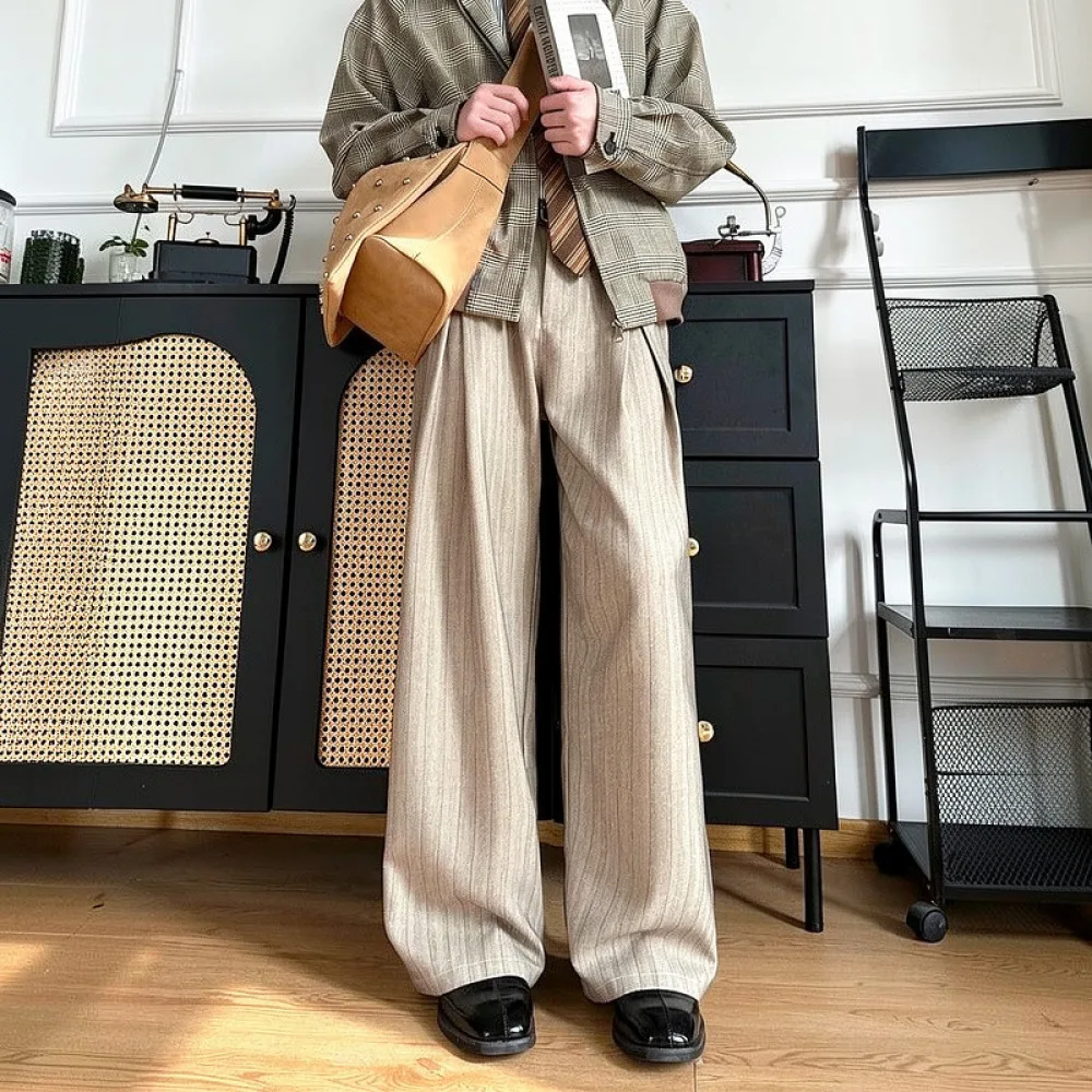 Breathable Mens Straight Suit Pants Summer Striped Pleated Casual Trousers Loose Wide Leg Style Old Money Fashion Bottoms