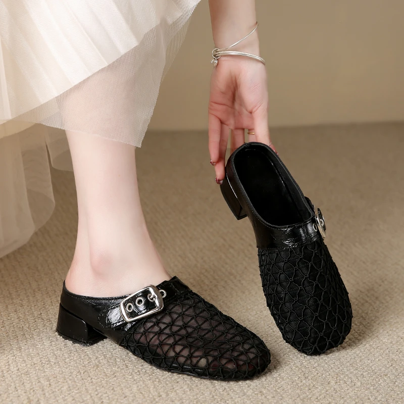 Damen-Maultiere, Hausschuhe, 2025, Sommer, klobiger Absatz, Freizeitschuhe, Damen, atmungsaktive Mesh-Hausschuhe, Damen-Designer-Sandalen mit Schnalle und Dekor
