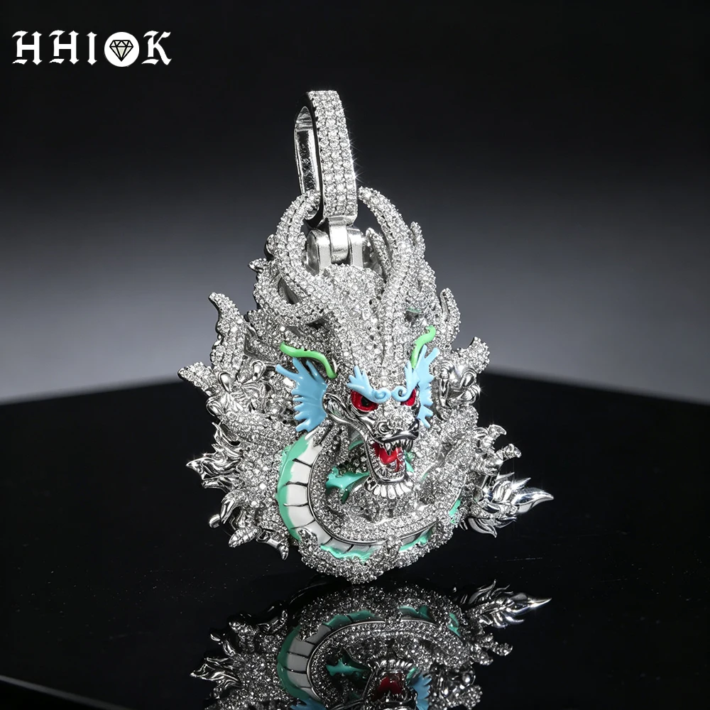 HHIOK Iced Out Dragon Head Pendant Brass Full Cubic Zirconia 18k Gold Plated Enamel Bling Hip Hop Charm Jewelry Necklace Pendant