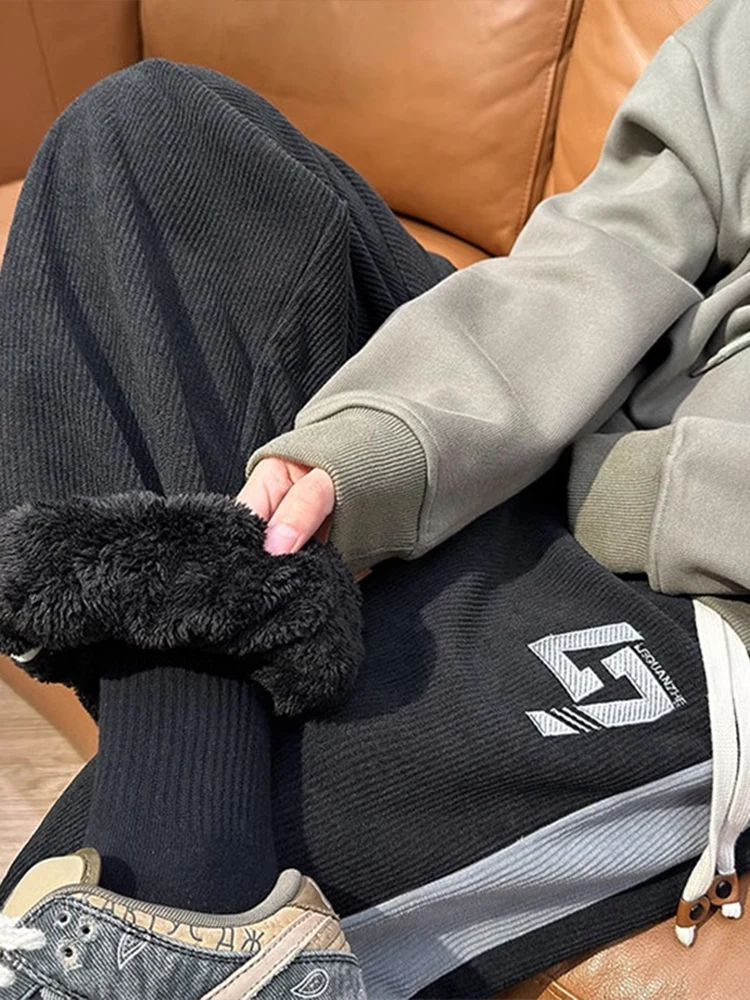 

Teenagers Fce Lined Thiened Lamb Velvet Men's Winter Sports Loose Fit Casual Pants Harlan Sle Elastic Waist Trousers