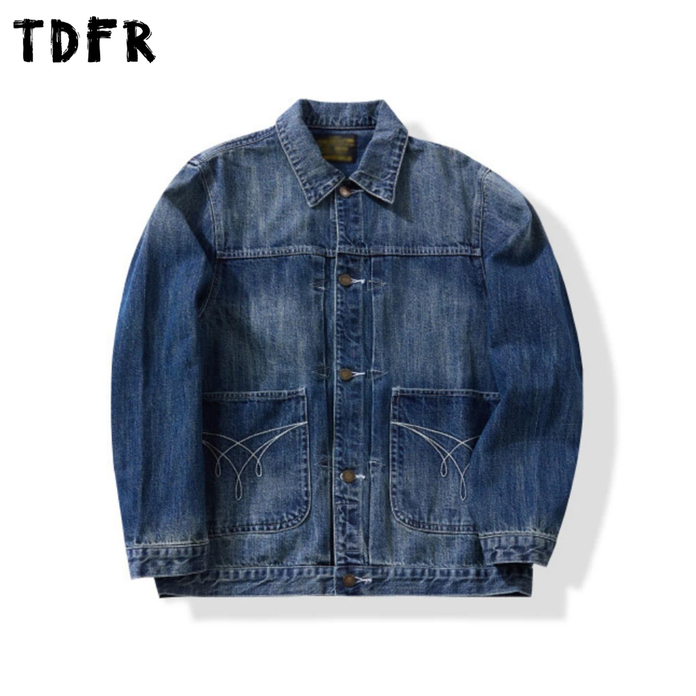 

Pocket Embroidery Denim Jacket Mens Retro Autumn Winter Washed Distressed Lapel Single Breasted Long Sleeve Cowboy Outerwear