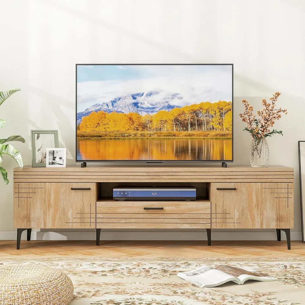 65 Inch Mid Century Modern TV Stand, Media Entertainment Center with Drawers and Carved Door Cabinets, Metal Legs