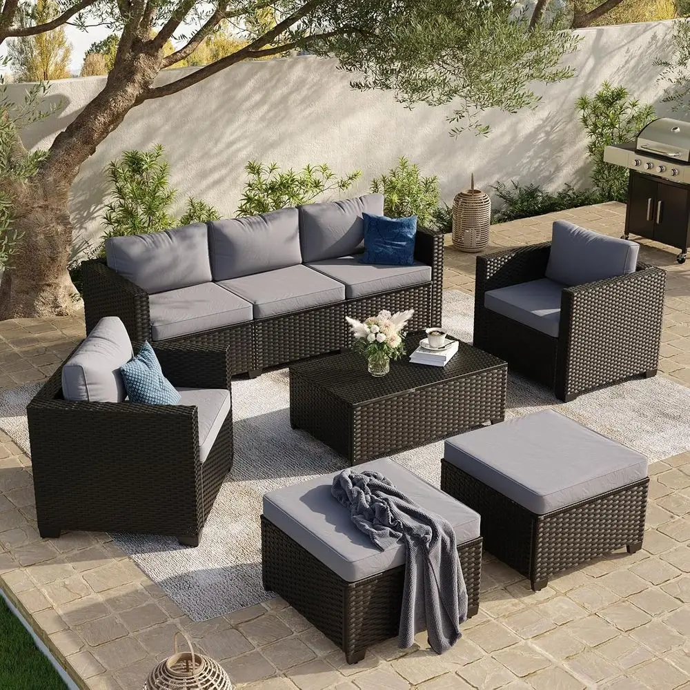 

Gray 8-Piece Outdoor Patio Sectional Furniture Set with 7 Seats, Thick Waterproof Cushions, and Storage Coffee Table for Patio,