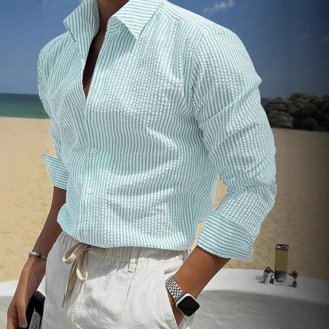 2026 Men's Ordinary Teenagers Slim Striped Cardigan Lapel Long Sleeve Shirt Handsome Shirt