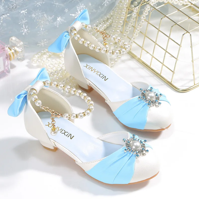 Kids Leather Shoes for Girls Knot Banquet Party Children High Heel Shoe for Kids Girls Sandals Student Crystal Princess Shoes