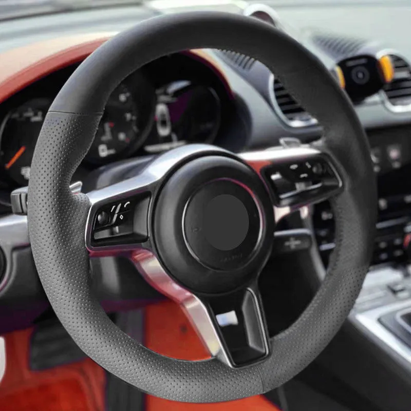 Hand Stitched Car Steering Wheel Cover Trim For Porsche Cayenne 2015 2016 2017 2018 2019 Black Perforated Microfiber Leather