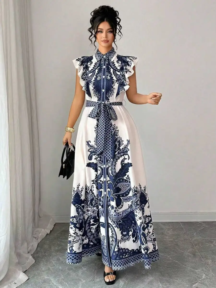 

Vintage Elegant Ruffle Trim Printed Cinched Waist A-Line Sleeveless Maxi Dress For Women Spring Summer