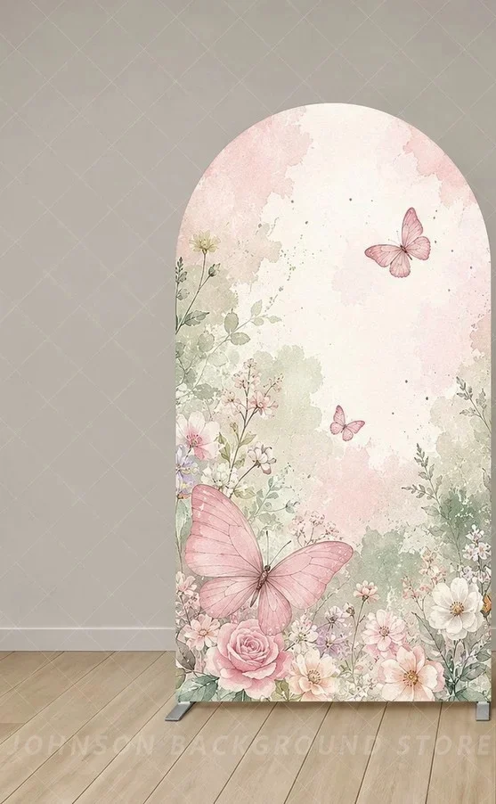 Pink Butterfly Floral flower Arch Backdrop Cover Garden Birthday Party Background Panels Spring Flower Photo Booth Decoration