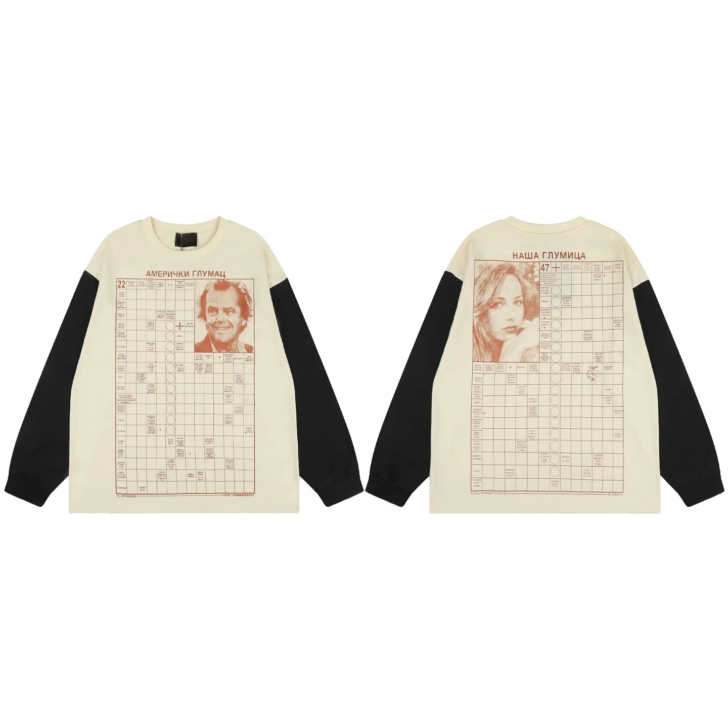 Men Women Patchwork Long Sleeve T-shirt Vintage Retro Figure Portrait Grid Print Oversized Tee Washed Gothic Streetwear Unisex T