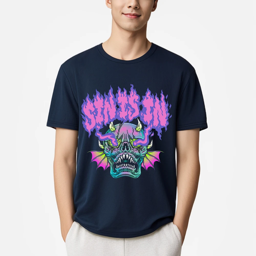 

Angry Purple Flame Skull Printed Man T Shirt Trendy Casual T-Shirts Soft Cotton Summer Clothes Breathable Loose Short Sleeve