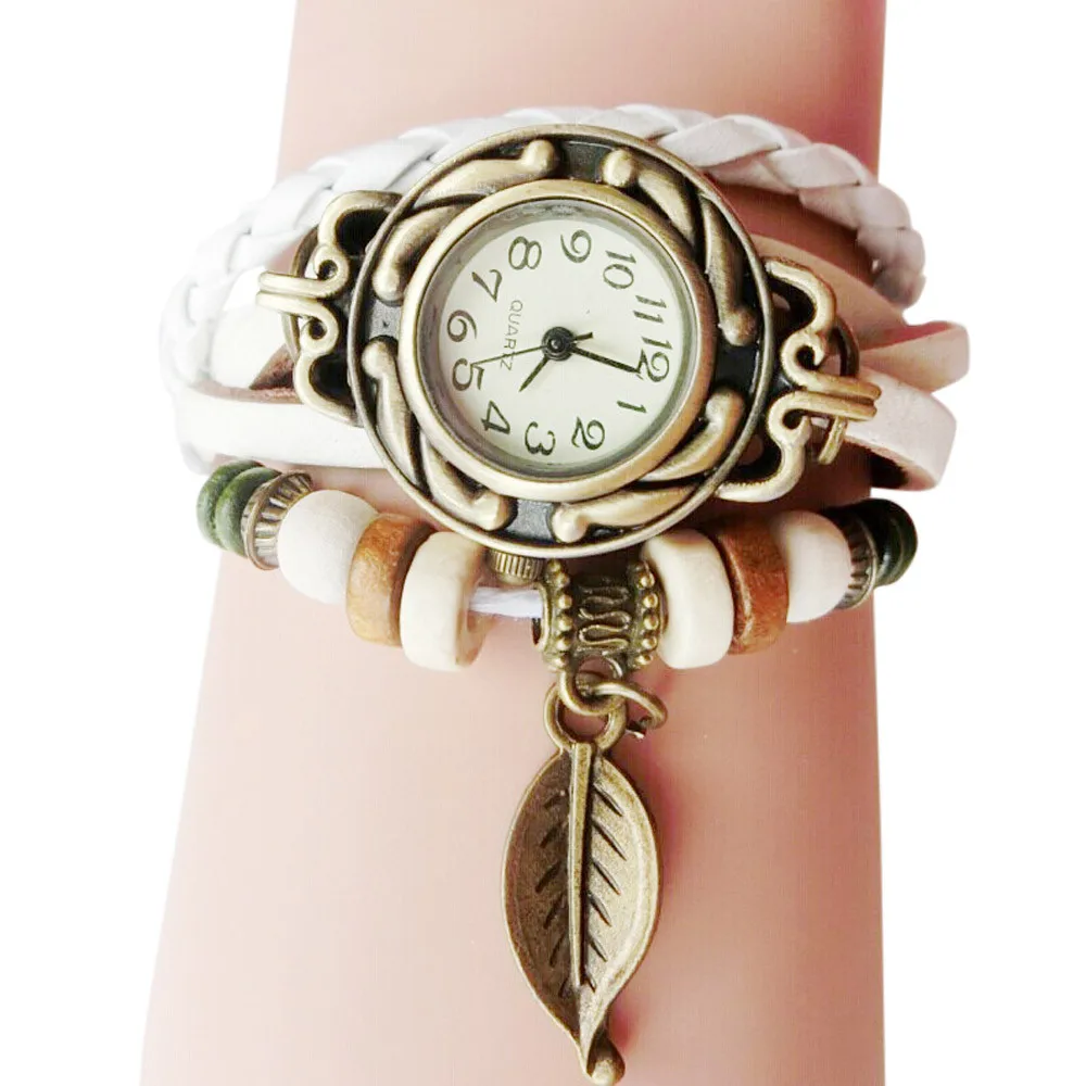 Retro Leather Winding Bracelet Leaf Pendant Watch para Mulheres, Relógios De Pulso De Quartzo Casual, Relógios De Moda