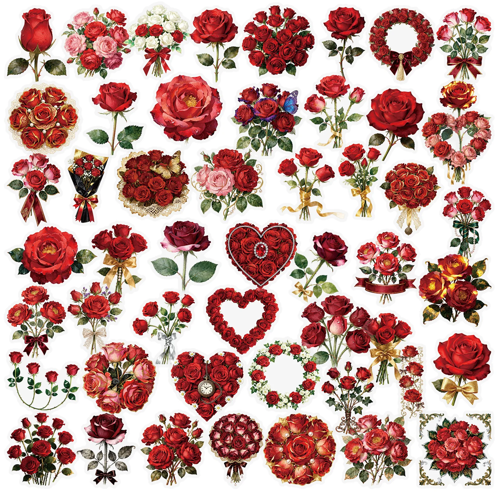 56PCS Retro Red Rose Transparent Graffiti Stickers Beautiful Flowers Cartoon Decal DIY Luggage  Phone Guitar Classic Kid Toys