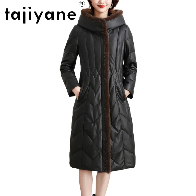 TAJIYANE-abrigo de piel de oveja auténtica para mujer, chaqueta ajustada de cuero genuino con capucha, abrigos con cuello de piel de visón, ropa de invierno para mujer 2025