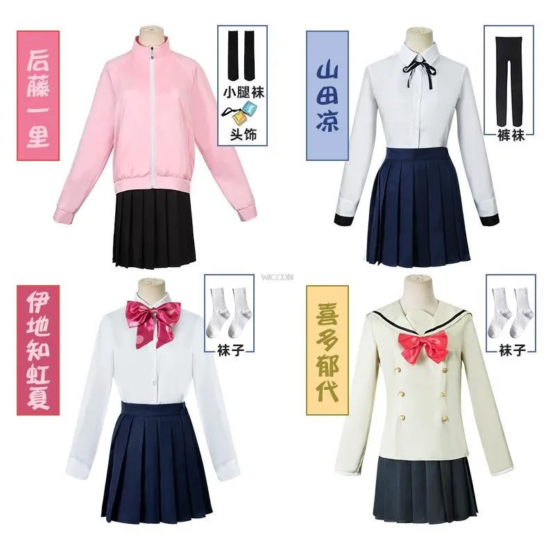 Hitori Bocchi The Rock Ryo Cosplay Gotou Cosplay Costume Anime Nijika Ikuyo JK Uniform Pink Jacket Skirt Wig Halloween Suit